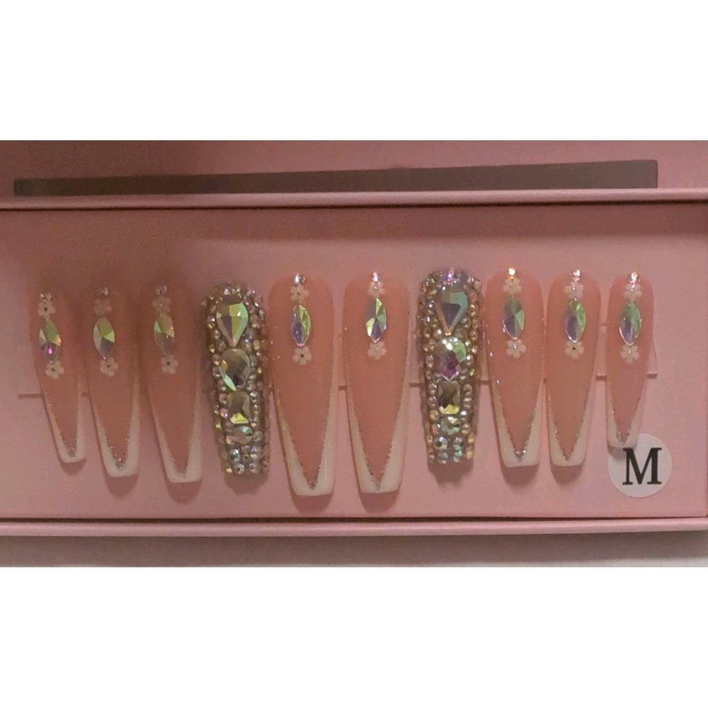 Handmade Stiletto Press On Nails Nude White French Tip AB Rhinestone Bling